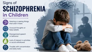 Signs of schizophrenia in children infographic with common symptoms and warning signs