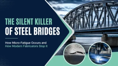 Modern steel bridge fabrication showing how robotic welding and advanced testing help prevent micro-fatigue in steel bridges.