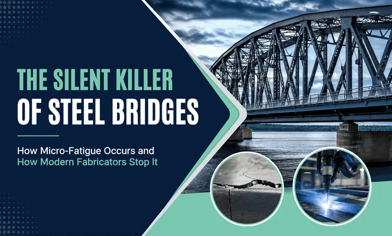 Modern steel bridge fabrication showing how robotic welding and advanced testing help prevent micro-fatigue in steel bridges.